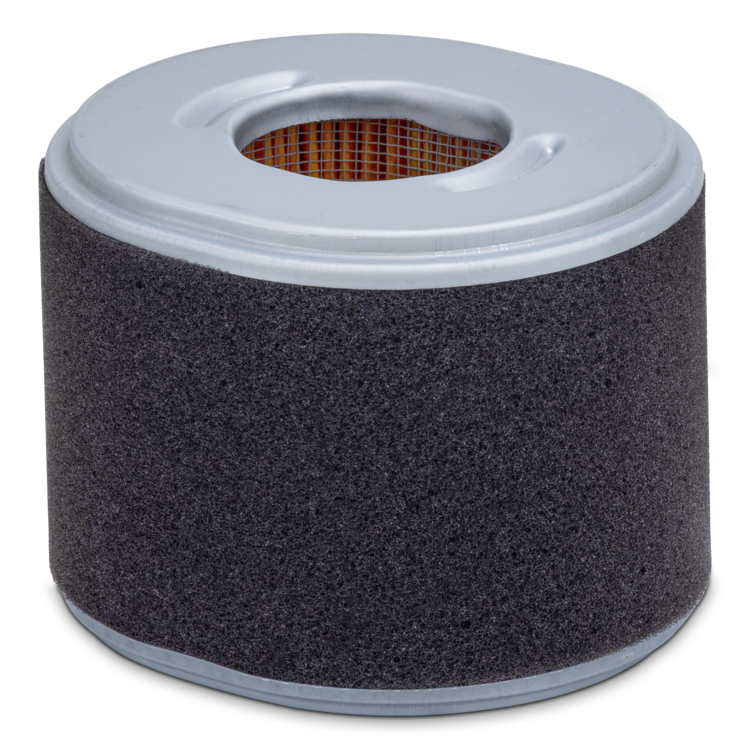 Round air filter with black foam pre-filter on a white background