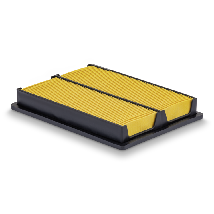 Yellow air filter with black frame on a white background