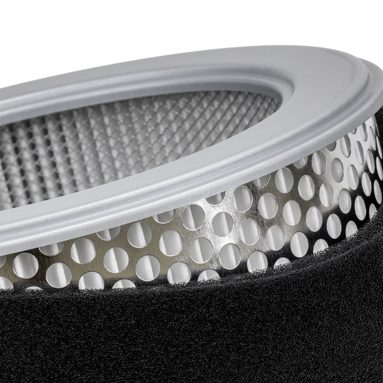 A closeup of a 7-083177 Prime Line air filter on a white background