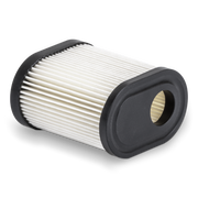 Lawn mower air filter laying on its side on a white background