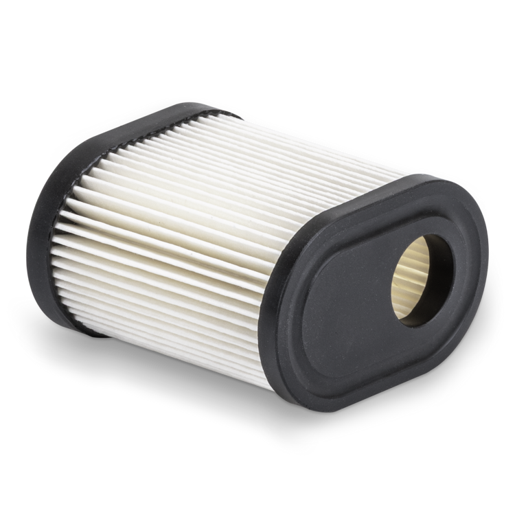 Lawn mower air filter laying on its side on a white background