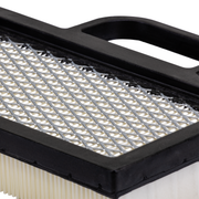 Air filter with black frame and white pleated material on a white background
