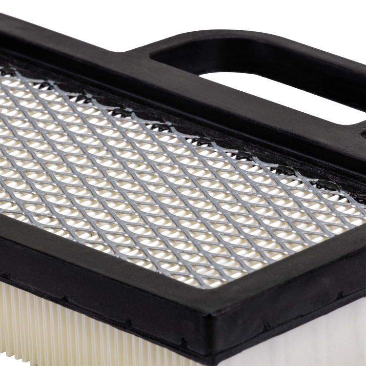 Air filter with black frame and white pleated material on a white background
