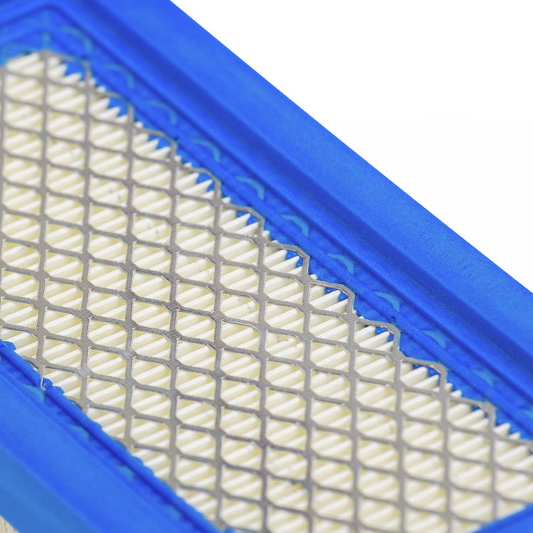 Close-up of a blue air filter with a white grid pattern on a white background