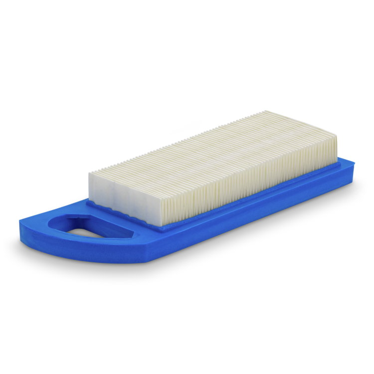 Blue and white Prime Line air filter on a white background