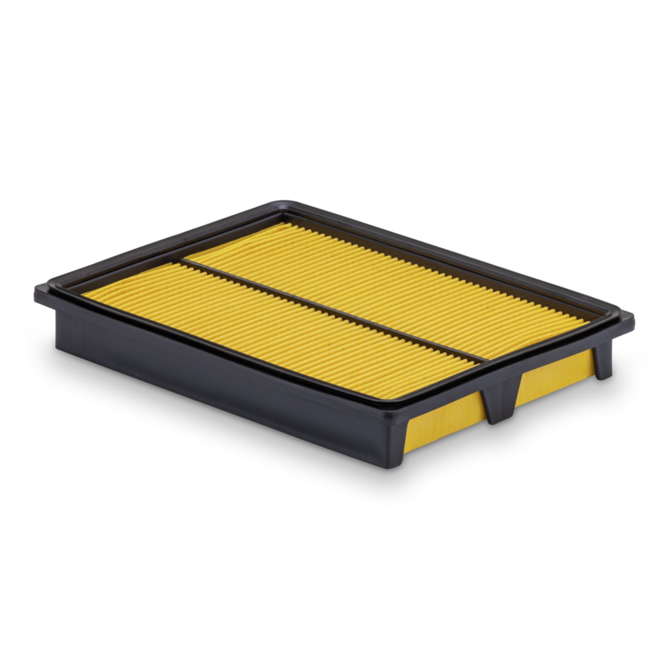 A black and yellow Prime Line air filter on a white background