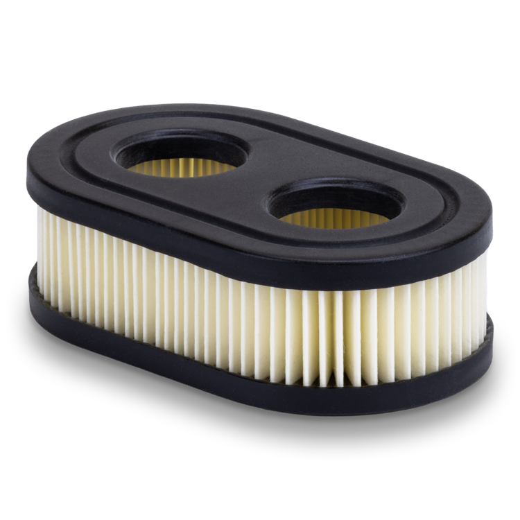 small engine air filter with black outer rim and white inner core on a white background