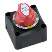 A Sierra BS11020 battery switcher with a black base and red switch