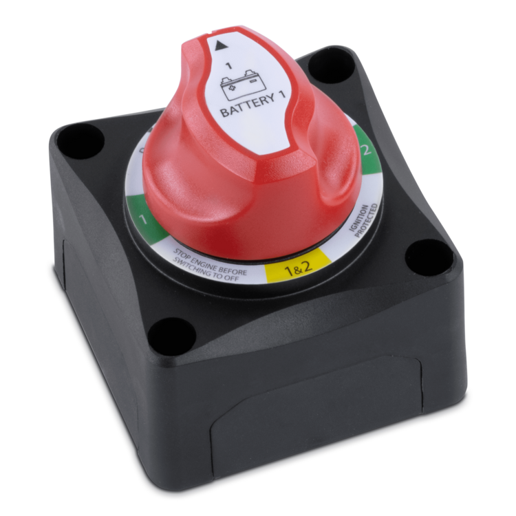 A Sierra BS11020 battery switcher with a black base and red switch