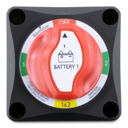 A black and red battery switch on a black background