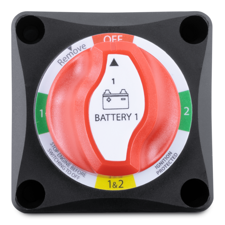 A black and red battery switch on a black background