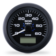 A circular black analog speedometer gauge with white markings and blue accent numbers, featuring a small digital display window at the bottom, branded with 'SOG' and 'COG'.