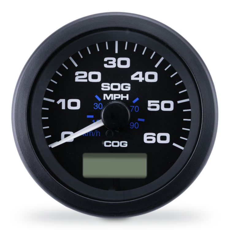 A circular black analog speedometer gauge with white markings and blue accent numbers, featuring a small digital display window at the bottom, branded with 'SOG' and 'COG'.