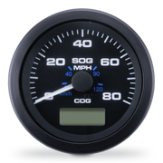 A circular black COG speedometer gauge with white and blue markings, a white needle, and an integrated digital display window at the bottom, shown on a clean white background.