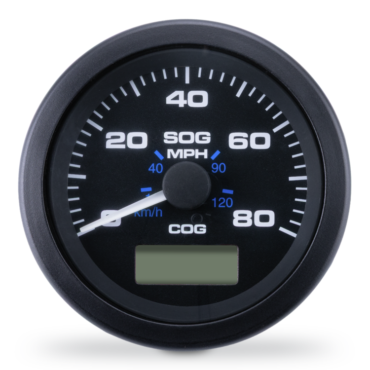A circular black COG speedometer gauge with white and blue markings, a white needle, and an integrated digital display window at the bottom, shown on a clean white background.