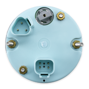 A circular light blue backplate, showing various electrical connectors, screw terminals, and a central mounting hole on a white background.