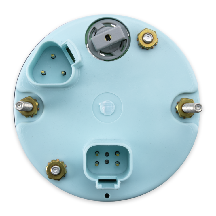 A circular light blue backplate, showing various electrical connectors, screw terminals, and a central mounting hole on a white background.