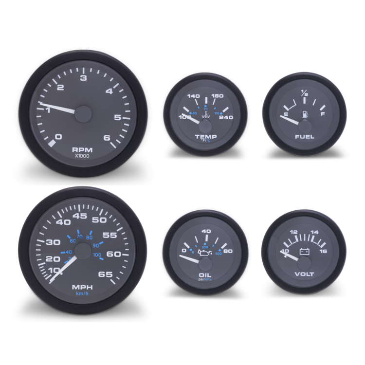 Set of six gauges on a white background