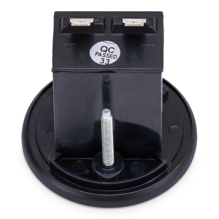 Rear view of black hour meter with 'QC Passed 33' label on a white background