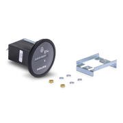 Mechanical hour meter with mounting bracket and screws on a white background