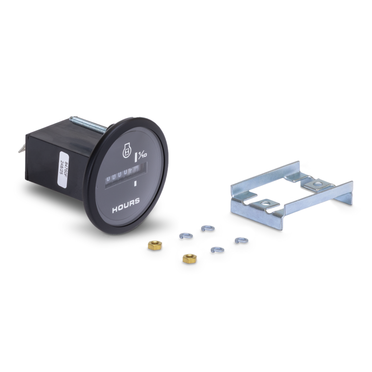 Mechanical hour meter with mounting bracket and screws on a white background