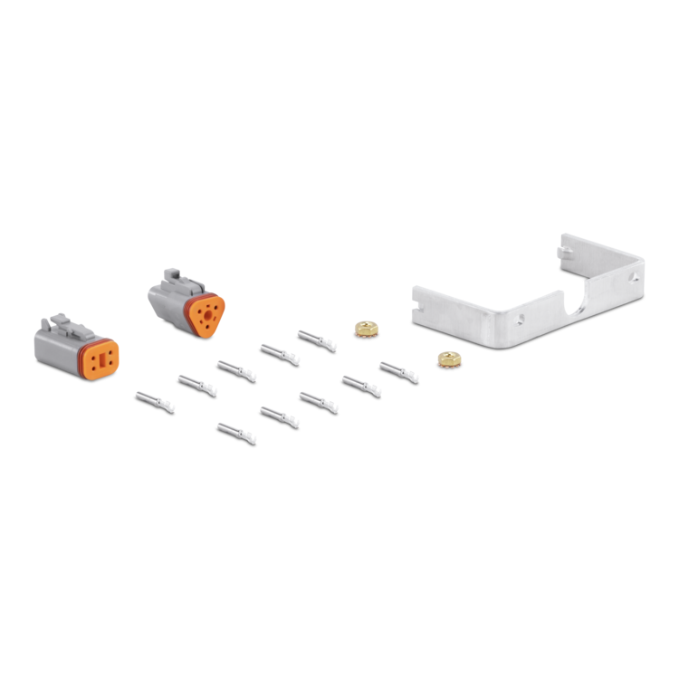 An electrical connector kit with two gray and orange multi-pin connectors, ten silver metal pins, two small gold-colored washers, and a white metal bracket, arranged on a plain white background.