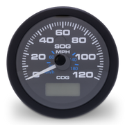 Speedometer gauge with black rim and white markings on a white background