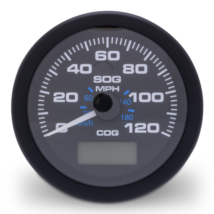 Speedometer gauge with black rim and white markings on a white background