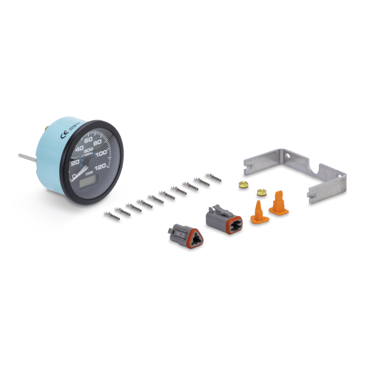 Sierra speedometer with screws and mounting brackets on a white background