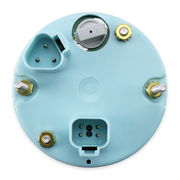 A circular light blue backplate with multiple electrical connectors, gold-colored terminal screws, and a central silver switch, shown on a plain white background.