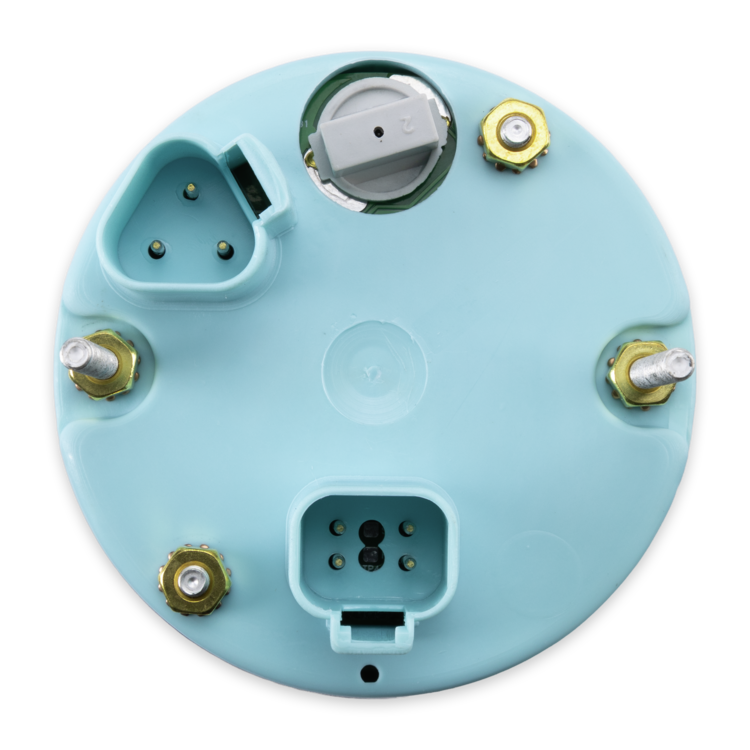A circular light blue backplate with multiple electrical connectors, gold-colored terminal screws, and a central silver switch, shown on a plain white background.
