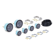 Collection of gauges, hardware, and hose on a white background
