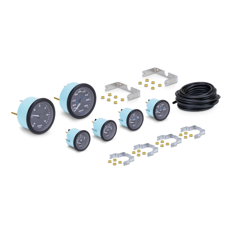 Collection of gauges, hardware, and hose on a white background