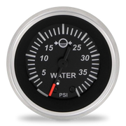 A round water pressure gauge with a black face, silver bezel, white markings, and a red needle tip, shown on a white background.