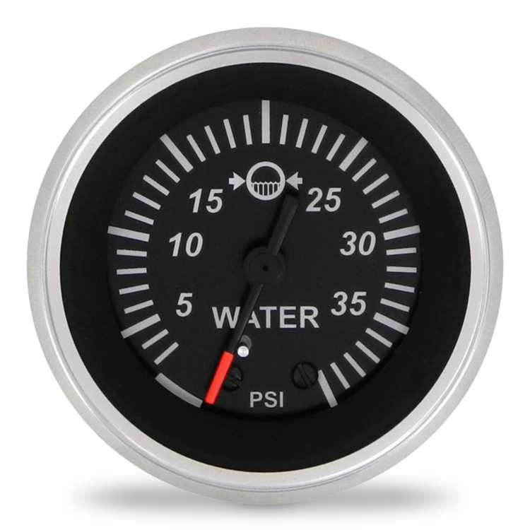 A round water pressure gauge with a black face, silver bezel, white markings, and a red needle tip, shown on a white background.