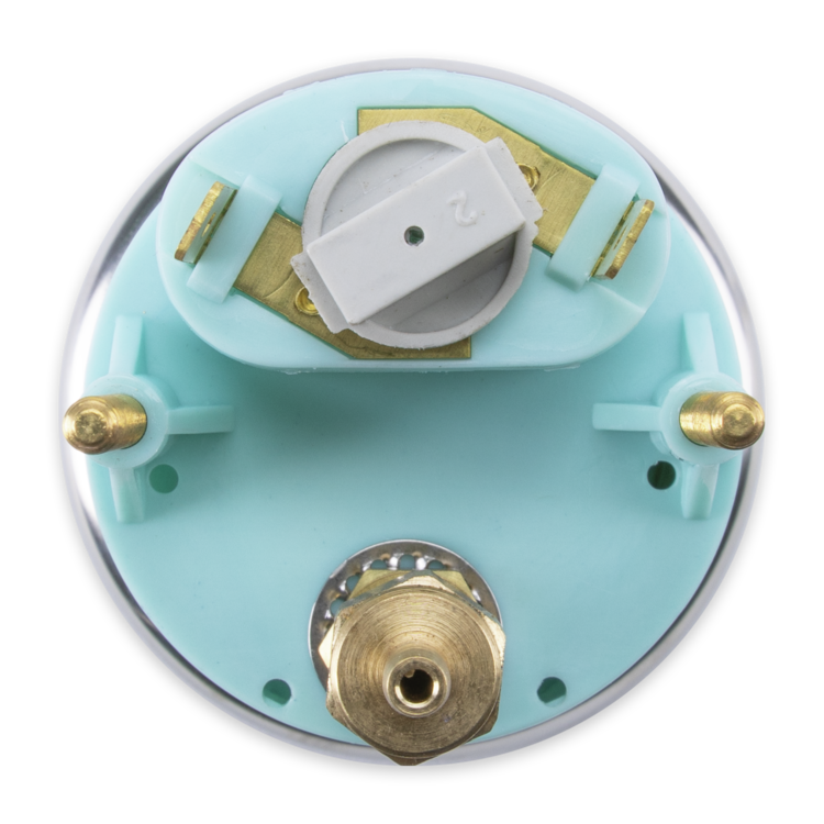 A circular light aqua plastic backplate with brass metal fittings, and a white plastic switch, photographed from above on a white background.