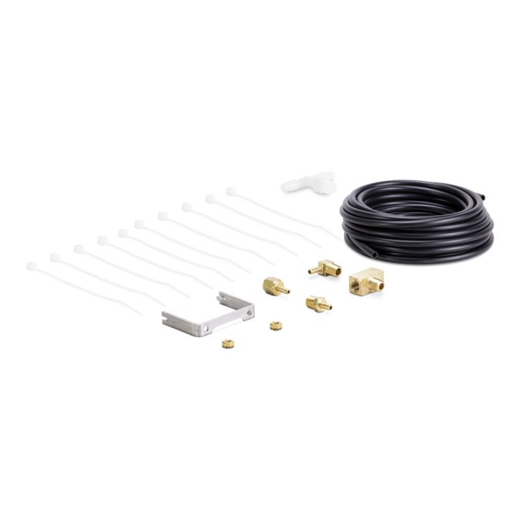 A water pressure kit featuring a coiled black tube, brass connector adapters, white zip ties, and a white metal bracket, arranged neatly on a solid white background.