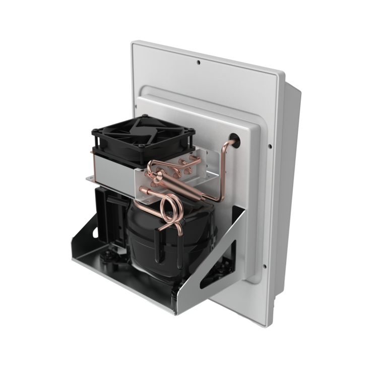 Rear view of pipes and compressor and copper pipes on a Dometic CSX 200 cold machine on a white background