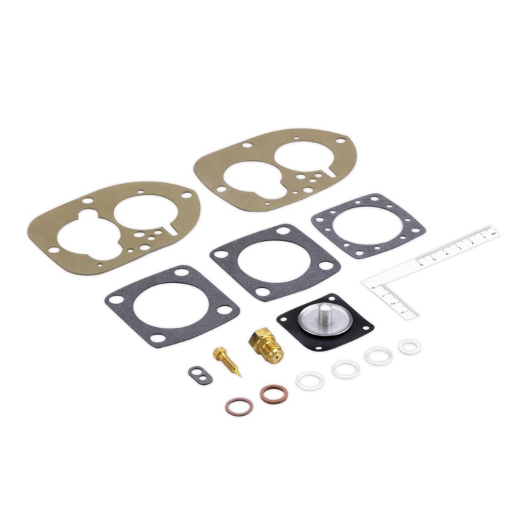 A carburetor gasket kit with various black and brass gaskets, O-rings, a small screw, a brass fitting, and a clear ruler, arranged on a plain white background.