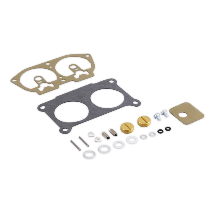 A set of mechanical gaskets and hardware parts arranged on a plain white background, including two large gasket pieces, several small washers, screws, pins, and gold-toned circular components.
