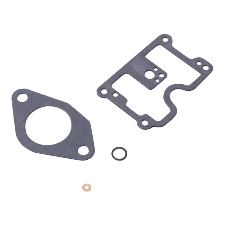 A set of dark gray gaskets and seals, including two main flat gasket pieces, a small black O-ring, and a tiny copper washer, arranged on a plain white background.