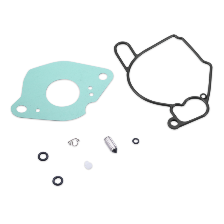 A set of engine gaskets and small mechanical seals laid out on a white background, including a large mint green gasket, a black outer gasket, several black O-rings, a small metal spring, a silver cylindrical pin, and a white rubber piece.