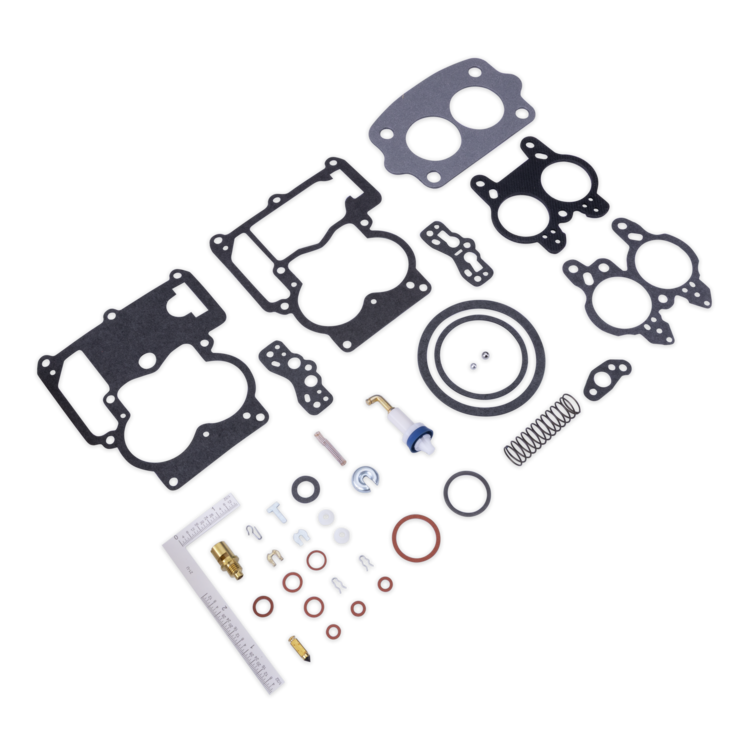 A complete carburetor disassembly kit laid out on a white background, including gaskets, O-rings, a spring, a small valve, screws, washers, and a ruler for measuring parts.