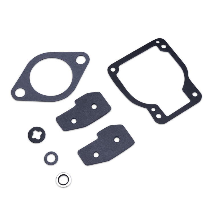 A set of black gaskets and sealing rings laid out on a plain white background, including two large gasket shapes, two smaller gasket pieces, two flat washers, and two circular O-rings.