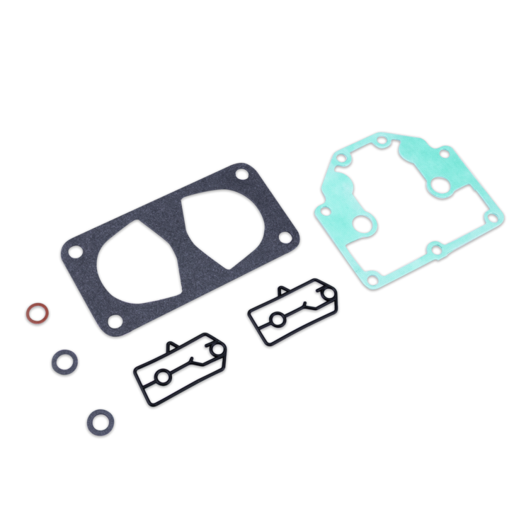 A set of engine gaskets and O-rings laid out on a white background, including a large black intake gasket, a light green head gasket, two black metal clips, and several small O-rings.