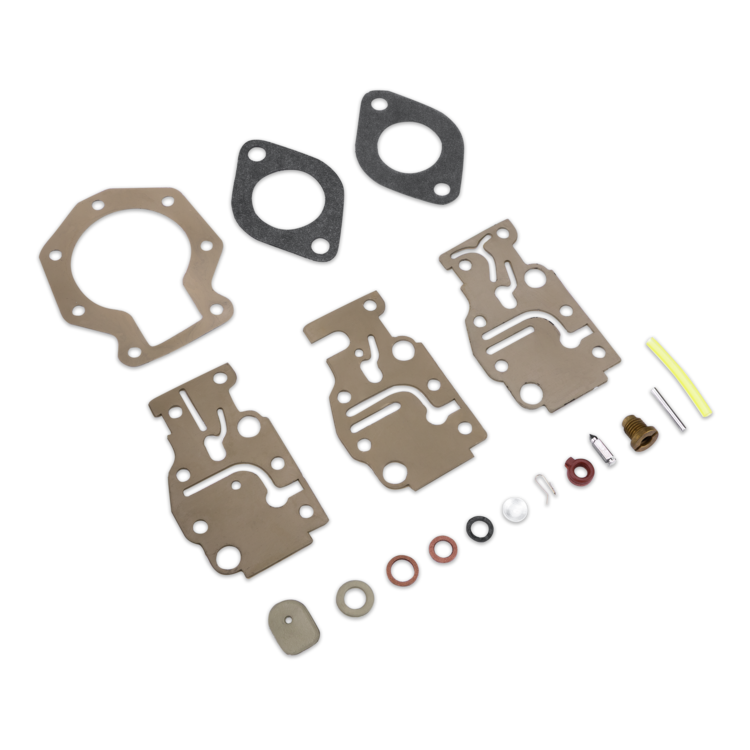 A set of engine gaskets and small hardware parts arranged on a plain white background. The kit includes several tan and black gaskets, multiple metal and rubber seals, washers, clips, and small fasteners.