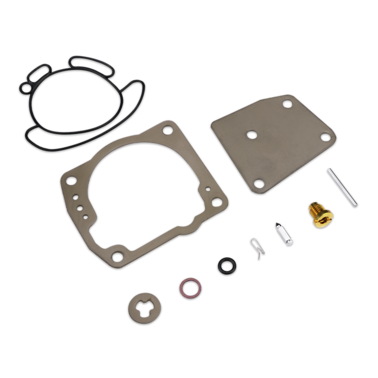 A set of engine gaskets and small hardware parts arranged on a plain white background. The kit includes two metallic gaskets, black rubber seals, a small pink ring, and several small metal pins, clips, and a brass-colored fitting.