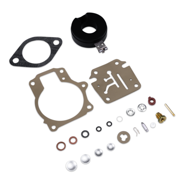 A mechanical parts kit laid out on a white background, including gaskets, a black circular component, metal washers, O-rings, screws, pins, and small hardware pieces.