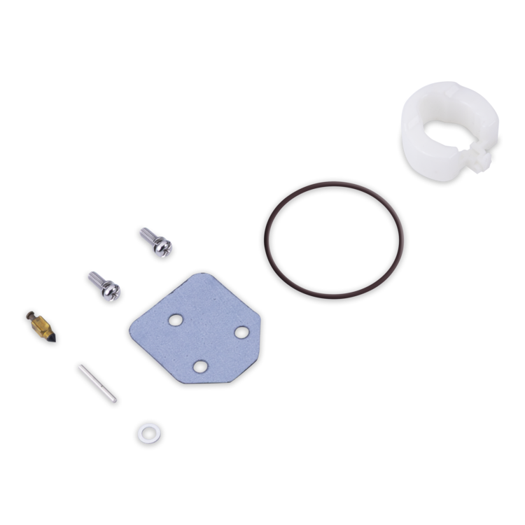 A small hardware kit laid out on a white background, including a white plastic ring, a dark rubber O-ring, a blue metal plate with three holes, two silver screws, a small brass-toned pin, a white washer, and a thin metal rod.