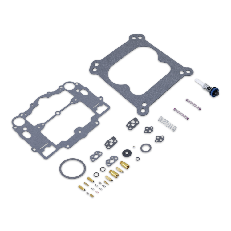 A disassembled mechanical or automotive gasket kit laid out on a white background, including large gaskets, seals, O-rings, springs, pins, and small metal fasteners.
